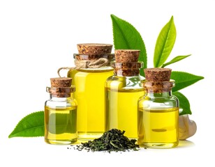 A collection of small glass bottles with yellow liquid and green leaves