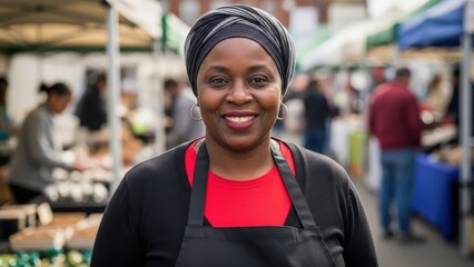 Fototapeta premium Portrait of a smiling black woman wearing a head wrap and apron at an outdoor market with people in
