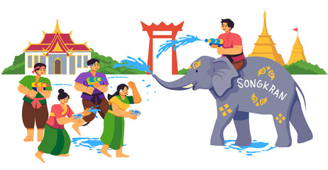 estive Songkran Illustration with Thai People in Traditional Clothing and Elephant