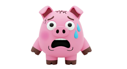 Scared Cartoon Pig with Sweat Drops and Scratches