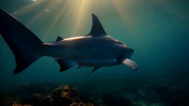 Shark Swimming Underwater with Sun Rays
