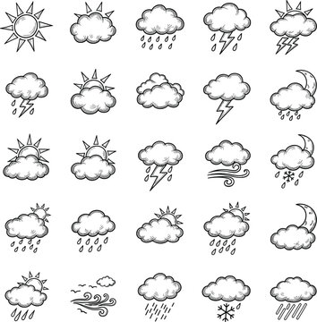 Hand drawn weather icon set in charcoal sketch style with sun clouds rain lightning snow and moon doodle symbols.