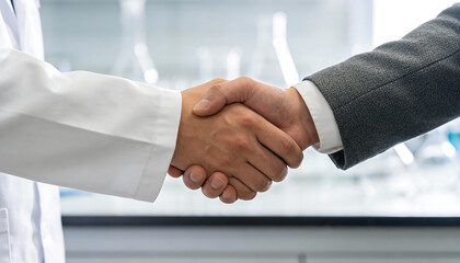 Close up handshake between scientist in lab coat and business partner in laboratory research collaboration healthcare innovation partnership agreement