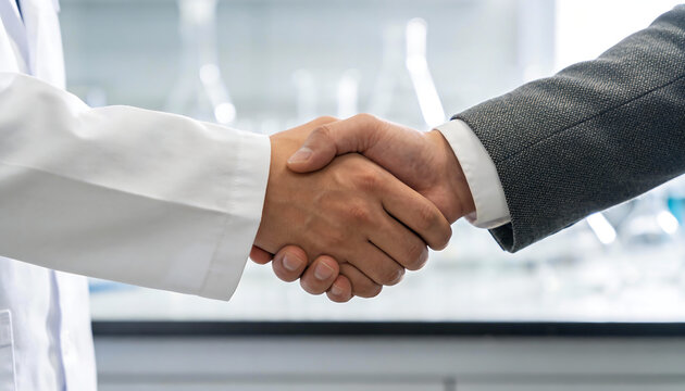 Close up handshake between scientist in lab coat and business partner in laboratory research collaboration healthcare innovation partnership agreement