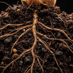 Intricate Root System Nourishing Rich Earth Detailed Growth Macro View