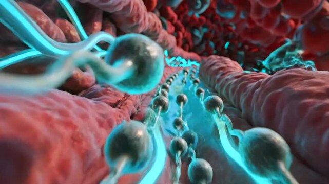 intestinal tunnel shows nutrient particles traveling along microvilli channels, mucus layer, epithelial folds, flowing microstructures and dynamic absorption pathways in closeup perspective
