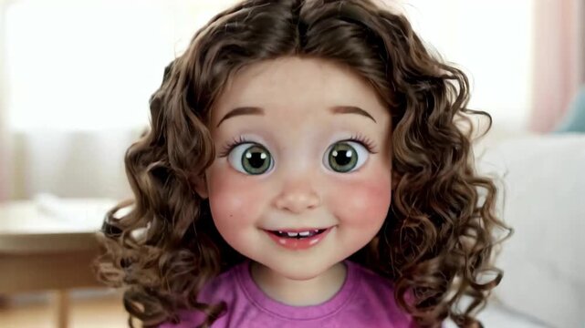 Curly Hair Girl Smiling Face Close-up