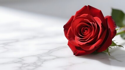 Red Rose on White Marble Background with Copy Space