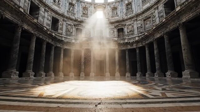 Stunning architectural interior with light beam and columns.