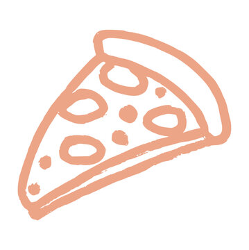 pizza slice with pepperoni, pink wax pencil texture doodle italian food element perfect for pizzeria menu, fast food snack, party catering, and dinner delivery icon illustration