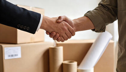 Fototapeta premium Close up handshake for moving and relocation service with packed cardboard boxes packing supplies and customer agreement home office transfer storage logistics concept
