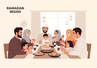 A heartwarming illustration of a family breaking their fast during Ramadan, suitable for holiday greetings or cultural content. It captures a beautifu © CharHub Collective
