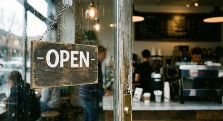Obraz premium Cafe Open Sign on Glass Door with Interior View