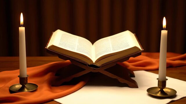 Open Book with Candles and Papers on Table.