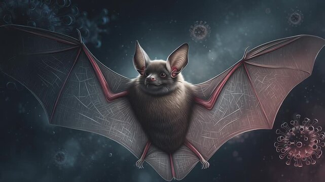 Editorial illustration of a bat as a zoonotic virus carrier, realistic bat anatomy with subtle virus particle overlay, dark atmospheric background, scientific accuracy, serious public health tone