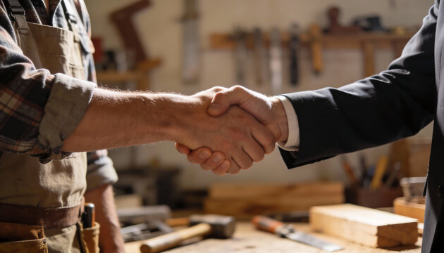 Close up handshake between carpenter and business client in woodworking workshop with tools and lumber contractor agreement for custom furniture and renovation service