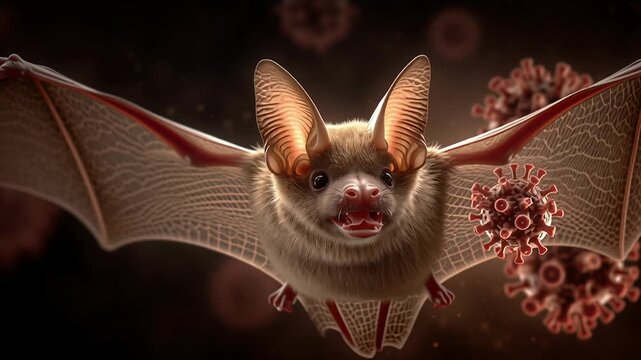 Editorial illustration of a bat as a zoonotic virus carrier, realistic bat anatomy with subtle virus particle overlay, dark atmospheric background, scientific accuracy, serious public health tone