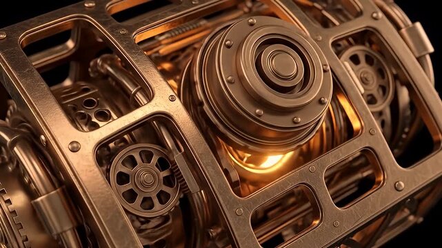 Intricate Steampunk Mechanical Device With Copper Gears And Glowing Orange Core In A Dark Environment Detailed And Complex Industrial Machine With Rivets And Cogs