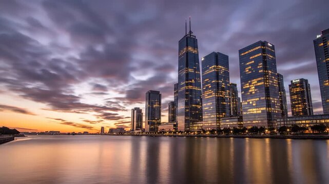 Panoramic view of a city skyline at sunset, with modern skyscrapers reflected in calm water, set against a vibrant purple and orange cloudy sky.