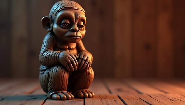 A melancholic wooden monkeylike statue sits on a rustic wooden floor against a blurred wooden wall lit by warm and cool light