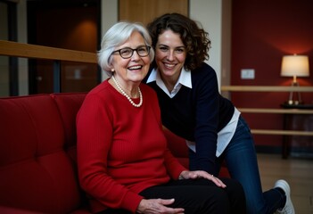 Fototapeta premium Glückliche Seniorin sitzt entspannt mit erwachsener Tochter auf dem Sofa im Wohnzimmer – familiäre Nähe, Vertrauen und liebevolle Verbundenheit über Generationen hinweg