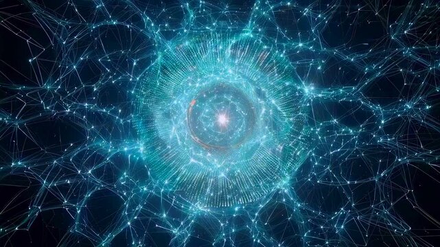 glowing neural network with central node and radiating blue synapses, interconnected filaments, pulsing signals and datadriven brain mapping in grand scale visualization