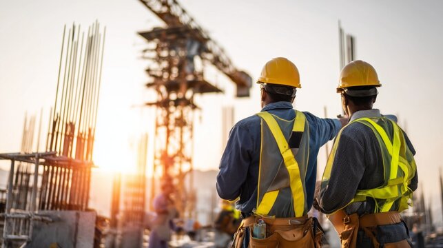Engineers wearing hard hats and safety vests discussing plans at an industrial construction site