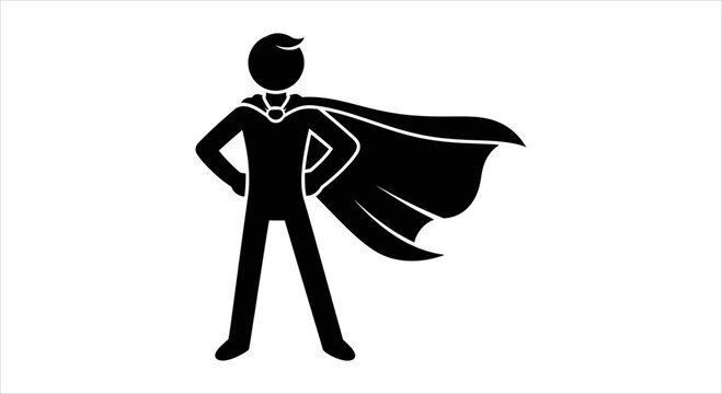 Confident stick figure embodying heroism and strength with flowing cape, symbolizing power and determination