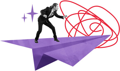 Man in suit balancing on purple paper plane, red scribble and sparkles on white background, collage...