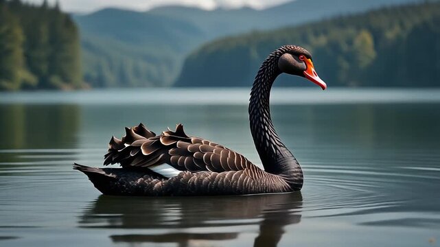 Elegant Black Swan Gliding Peacefully on Serene Lake Surrounded by Lush Greenery
