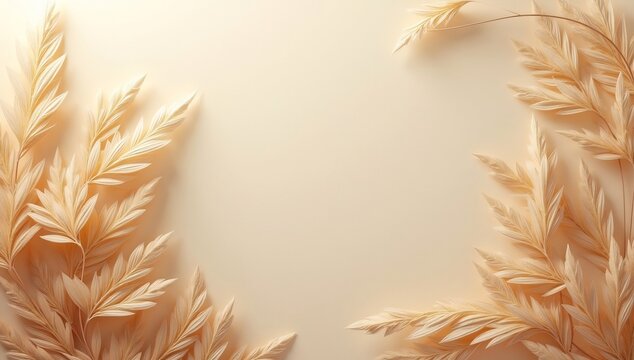 Creamy background with stylized pale feathery leaves or wheatlike elements framing the left and right sides