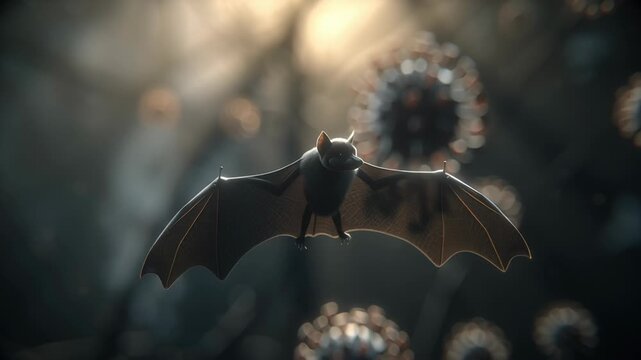 Cinematic concept of bat-borne virus transmission, flying bat silhouette emerging from darkness with microscopic virus elements in soft focus, dramatic lighting, realistic textures, health science 