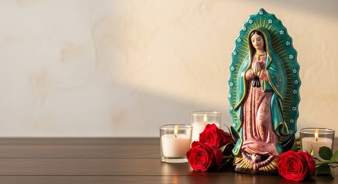 A solemn Our Lady of Guadalupe and Virgin de Guadalupe statue adorned with lit candles and red roses, symbolizing a deep spiritual faith concept and traditional Mexican devotion