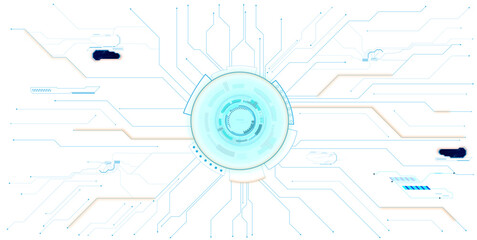 Obraz premium Technology science concept banner., Glowing AI circuit portal with neon HUD elements and digital tech lines spreading across futuristic background.