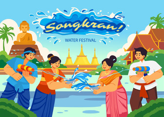 Cheerful Songkran Festival Illustration with Man and Woman Playing Water