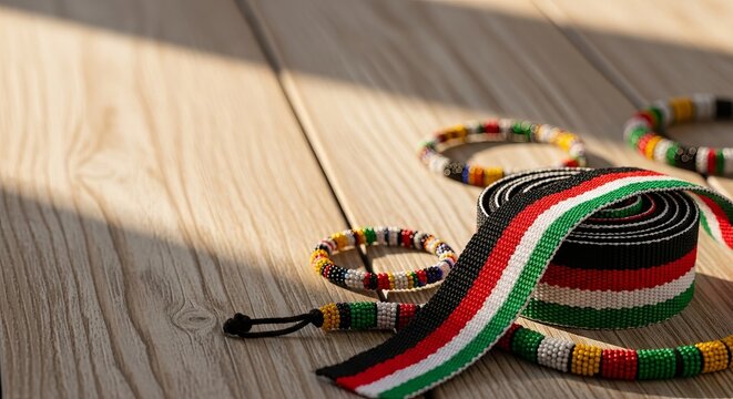 Vibrant Kenyan flag colors on traditional beaded bracelets and ribbon for a Jamhuri Day national celebration concept on a sunny wooden surface