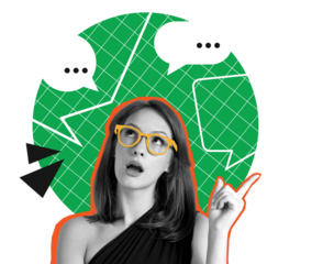 Woman in stylish pose with speech bubbles and geometric elements, collage style on white background, concept of communication and creative thinking
