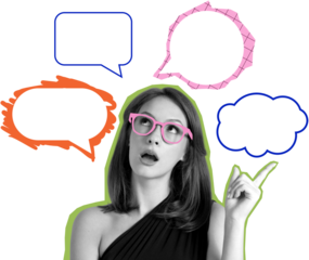 Woman in grayscale with pink glasses surrounded by colorful speech bubbles, isolated on white background, concept of creative communication ideas
