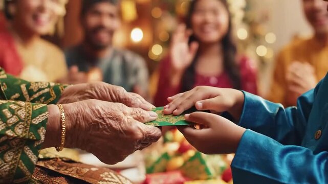 Heartwarming Cinematic 4K Slow Motion of a Grandmother Giving a Green Money Packet (Duit Raya) to a Child During Eid al-Fitr Family Gathering