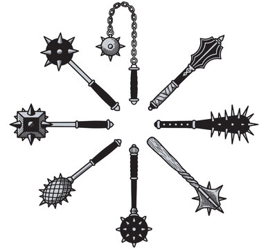 Detailed black and white illustration of various medieval bludgeoning weapons including maces and flails arranged in a circular pattern.