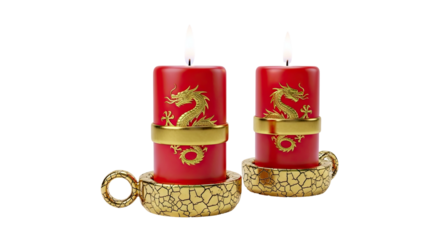 Two red candles with golden dragon motifs and holders