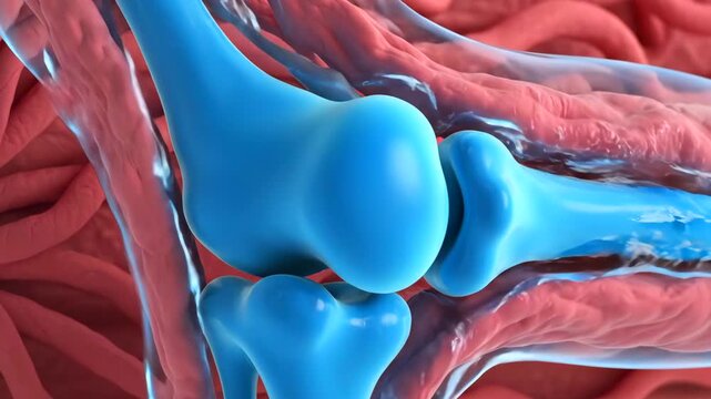 cartilage degeneration visualized with cracked bone surface and synovial cavity receiving blue regenerative gel, orthopedic surgeon injects hyaluronic therapy under imaging guidance