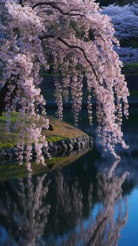 Weeping Sakura over Pond. Blooming Flowers Sakura Tree in Spring. Landscape/Reflection. Sakura tree (shidarezakura) with long, flowing branches cascading over a still, dark-blue pond.
