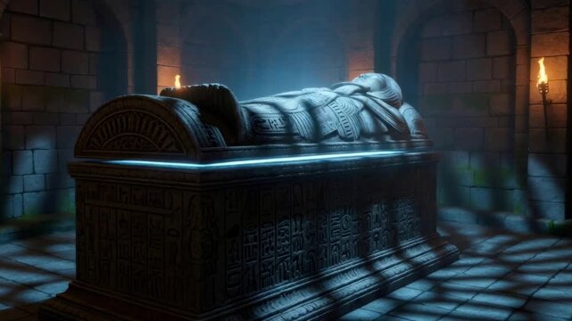 Ancient egyptian sarcophagus opening, revealing mysterious blue light in a dark tomb with torches and hieroglyphs