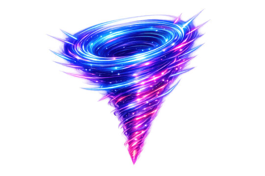 Energy vortex forming a swirling cosmic tornado with glowing blue and pink light streams on transparent background