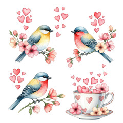 Fototapeta premium Charming birds with flowers and hearts isolated on transparent background