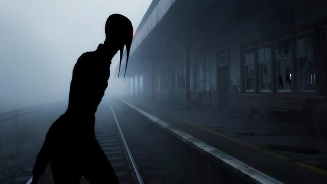 Supernatural female entity with glowing red eyes on foggy train tracks near abandoned station fading into the mist