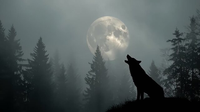 Wolf Howling at Full Moon in Misty Forest