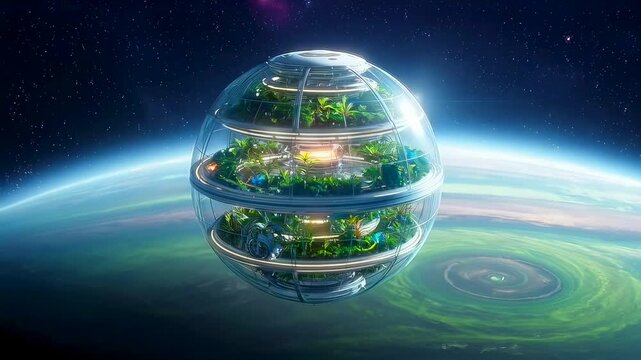 orbiting biosphere sphere with terraced gardens and glass rings above planet, greenhouse habitats and starlight reflections serene habitation module showing futuristic agriculture