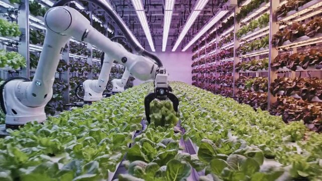 Robotic arms tend to lush green plants in a modern indoor hydroponic farm with rows of crops and LED lighting.